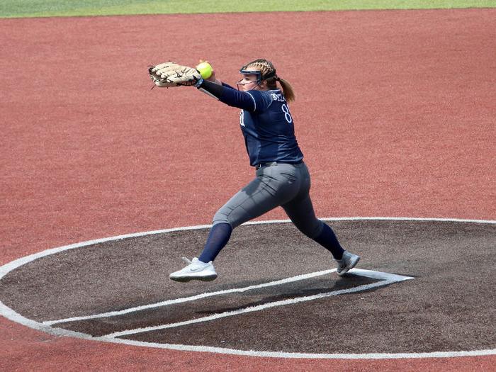Penn State DuBois junior pitcher and outfielder Kelsey Stuart moves through her windup to pitch during a game last season at Heindl Field in DuBois.
